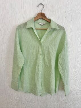 HYFVE Green White Striped Buttondown Crinkle Cotton Medium Coastal Relaxed Layer